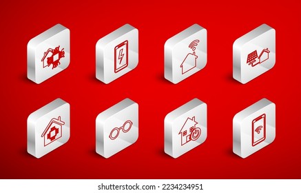 Set line Mobile with wi-fi wireless, charging battery, Smart home, House solar panel, Glasses and  icon. Vector