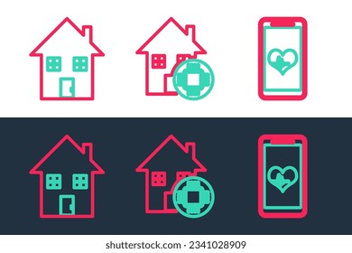 Fijar línea Mobile con wi-fi inalámbrico, House bajo protección e icono Smart home. Vector