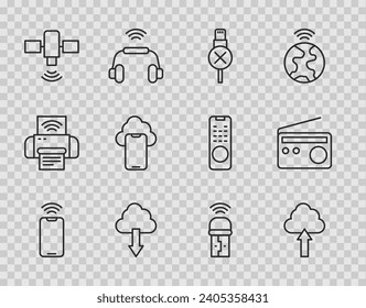 Set line Mobile with wi-fi wireless, Cloud upload, No usb cable cord, download, Satellite, technology data, Usb adapter and Radio icon. Vector