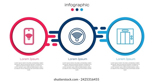 Set line Móvil con wi-fi inalámbrico, Wi-Fi y Ascensor. Plantilla de infografía de negocios. Vector