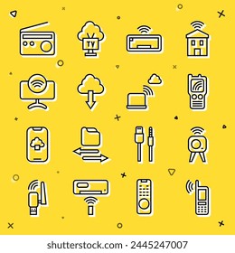 Set line Mobile with wi-fi wireless, Web camera, Walkie talkie, Computer keyboard, Cloud download, Smart Tv system, Radio and Network cloud connection icon. Vector