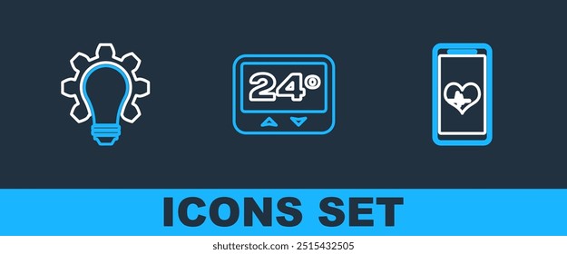 Set line Mobile with wi-fi wireless, Light bulb and gear and Thermostat icon. Vector