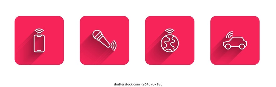 Set line Mobile com wi-fi wireless, microfone sem fio, tecnologia global e sistema de carro inteligente com sombra longa. Botão quadrado vermelho. Vetor