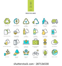 Set of line modern color icons for recycling    