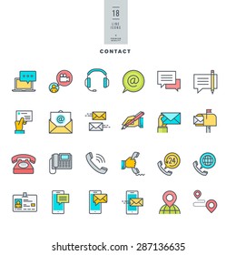 Set Of Line Modern Color Icons For Contact, Communication, Media     