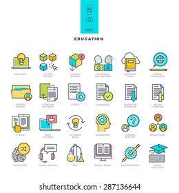 Set of line modern color icons on the theme of education    