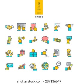 Set of line modern color icons of hand using a variety of products    