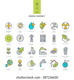 Set Of Line Modern Color Icons For Green Energy    