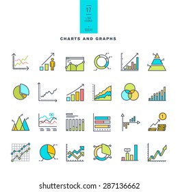 Set of line modern color icons of charts and graphs    