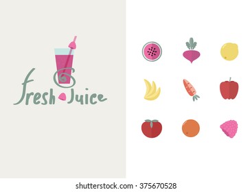 Set of Line Modern Color Icons for Fruit and Vegetables. Fresh Juice.