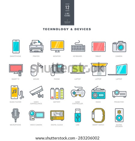 Set of line modern color icons for technology and devices     