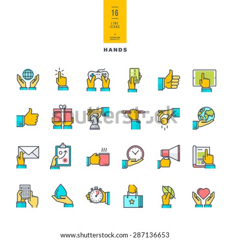 Set of line modern color icons of hand using devices, using money, in business situations, in design, ecology, marketing process.    