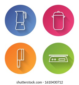 Set line Moka pot, Cooking pot, Meat chopper and Electronic scales. Color circle button. Vector