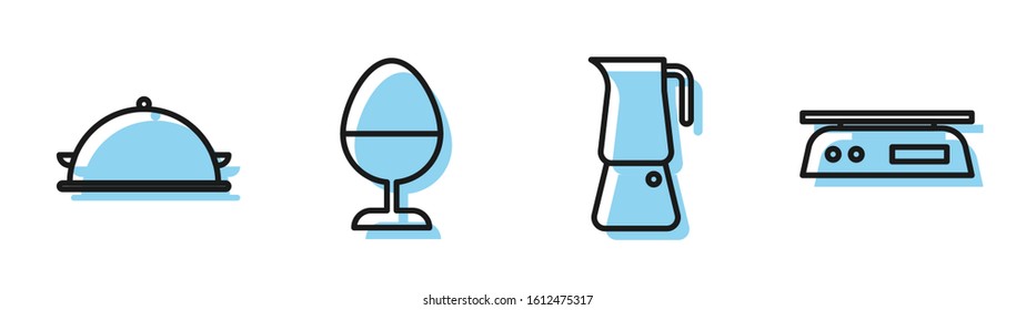 Set line Moka pot, Covered with a tray of food, Chicken egg on a stand and Electronic scales icon. Vector