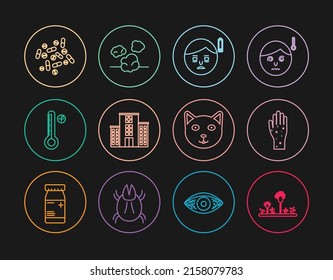 Fijar la línea Mold, Hand with psoriasis or eczema, Fatigue, Edificio de un hospital médico, Termómetro digital, Comprimido de la píldora de Medicina, Icono de Pet and Dust. Vector