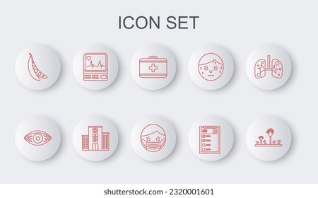 Set line Mold, Reddish eye allergic conjunctivitis, First aid kit, Clinical record, Kidney beans, Monitor with cardiogram, Medical hospital building and Face protective mask icon. Vector