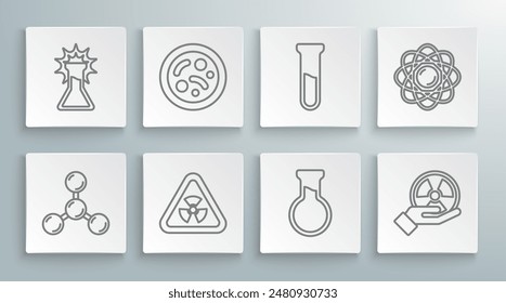 Set line Molecule, Bacteria, Triangle with radiation, Test tube and flask, Radioactive, Atom and  icon. Vector