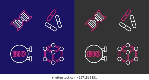 Set line Molecule, Bio healthy food, Virus and DNA symbol icon. Vector