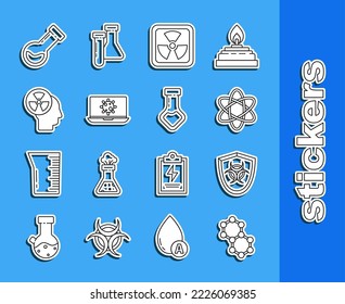Set line Molecule, Biohazard symbol on shield, Atom, Radioactive, Bacteria laptop, Human head and radiation, Test tube flask chemical and  icon. Vector