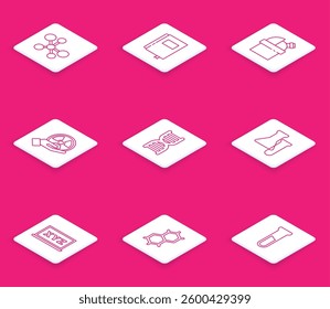 Set line Molecule, Book, Astronomical observatory, Radioactive, DNA symbol, Test tube and flask, XYZ Coordinate system and Chemical formula icon. Vector