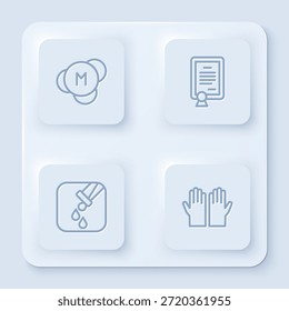 Set line Molecule, Certificate template, Test tube and flask and Medical rubber gloves. White square button. Vector