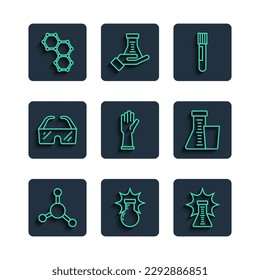 Set line Molecule, Chemical explosion, Test tube and flask, Medical rubber gloves, Safety goggle glasses, formula and  icon. Vector