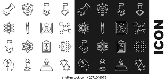 Set line Molecule, Chemical formula, Test tube and flask chemical, Tweezers, Atom,  and Radioactive icon. Vector