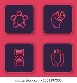 Set line Molecule, DNA symbol, Head and radiation and Magnet. Blue square button. Vector