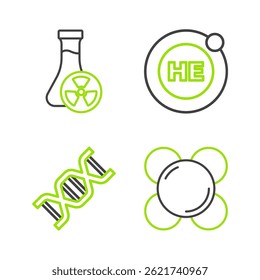 Set line Molecule, DNA symbol, Helium and Test tube with toxic liquid icon. Vector
