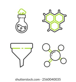 Set line Molecule, Funnel or filter, Chemical formula and Test tube and flask chemical icon. Vector