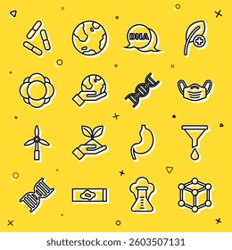 Set line Molecule, Funnel or filter, Medical protective mask, DNA symbol, Hand holding Earth globe, Virus and  icon. Vector