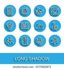 Set line Molecule, Height geometrical figure, Calculator, Medicine pill, Virus, Graphing paper for engineering, Test tube and Experimental mouse icon. Vector