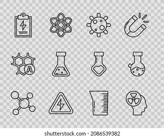 Fijar línea Molécula, cabeza humana y una radiación, bacterias, señal de alta tensión, portapapeles de laboratorio con lista de comprobación, sustancia química de matraz de tubo de ensayo, vaso de vidrio e icono. Vector