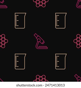 Set line Molecule, Laboratory glassware or beaker and Microscope on seamless pattern. Vector