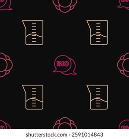 Set line Molecule, Laboratory glassware or beaker and Bio healthy food on seamless pattern. Vector