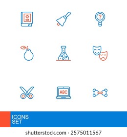 Set line Molecule, Laptop, Scissors, Comedy and tragedy masks, Pear, Test tube, Unknown search and Ringing bell icon. Vector