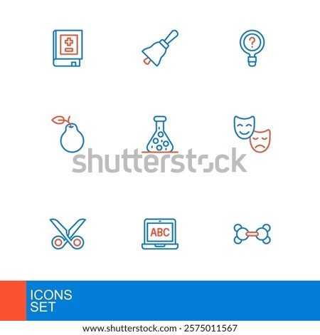 Set line Molecule, Laptop, Scissors, Comedy and tragedy masks, Pear, Test tube, Unknown search and Ringing bell icon. Vector