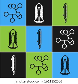 Set line Molecule, Meteorology thermometer measuring and Space shuttle and rockets icon. Vector