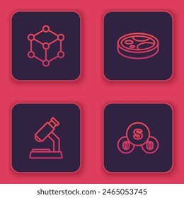Set line Molecule, Microscope, Petri dish with bacteria and Sulfur dioxide SO2. Blue square button. Vector