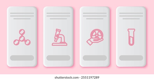 Set line Molecule, Microscope, Radioactive and Test tube and flask. White rectangle button. Vector