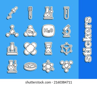 Set line Molecule, Microscope, Test tube flask on stand, Ozone, Pipette and Chemical formula H2O icon. Vector