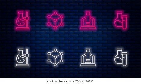 Set line Molecule, Microscope, Test tube flask on stand and . Glowing neon icon on brick wall. Vector