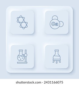 Set line Molecule, Mineral Ca Calcium, Test tube flask on stand and . White square button. Vector