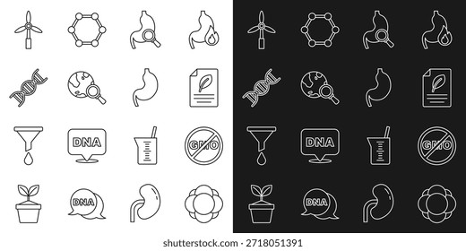 Molécula de la línea del sistema, ningún OMG, papel del Eco con la hoja, lupa del estómago, globo de aumento, símbolo del ADN, turbina de viento e icono humano del estómago. Vector