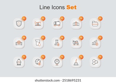 Set line Molécula de aceite, bote para máquina de motor, indicador de gas del motor, gota de aceite con símbolo de dólar, almacenamiento de tanque, gráfico de pastel y plataforma, el mar y el icono de tubo de ensayo de gasolina. Vector