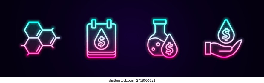 Set line Molécula de aceite, gota de aceite con símbolo de dólar, tubo de ensayo de gasolina y . Icono de neón brillante. Vector