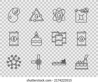 Set line Molecule oil, Oil industrial factory building, Atom, Industry pipes and valve, Bio fuel, Alcohol spirit burner, tanker ship and Barrel icon. Vector