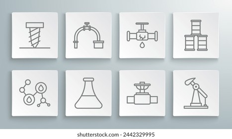 Set line Molecule oil, Industry pipe and valve, Oil petrol test tube, pump or pump jack, Broken with leaking water, Barrel and Rotating drill digging hole icon. Vector