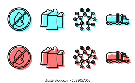 Set line Molecule oil, No oil drop, Oil industrial factory building and Tanker truck icon. Vector