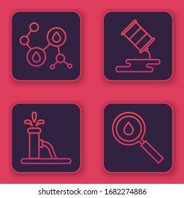 Set line Molecule oil, Oil pump or pump jack, Barrel oil leak and Oil drop. Blue square button. Vector